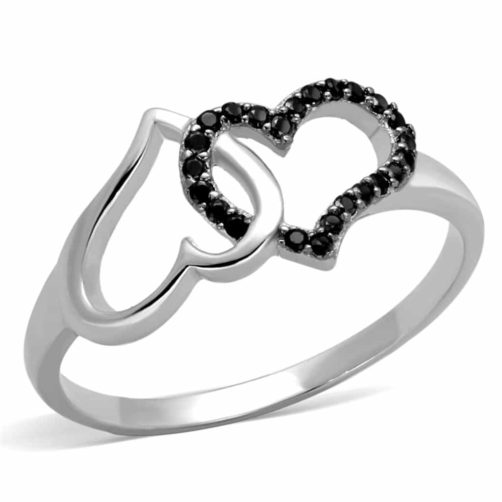 Sterling Silver Black CZ Double Heart Open Ring view 10