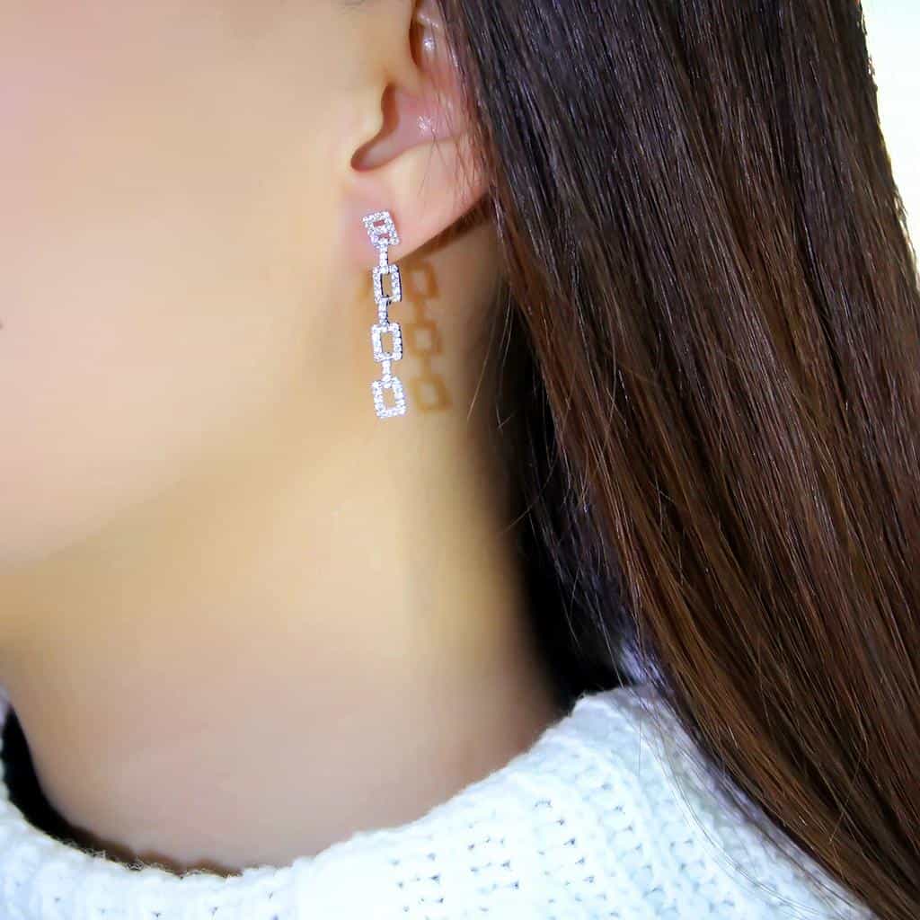 Sterling Silver CZ Pave Rectangle Chain Link Long Drop Earrings view 3