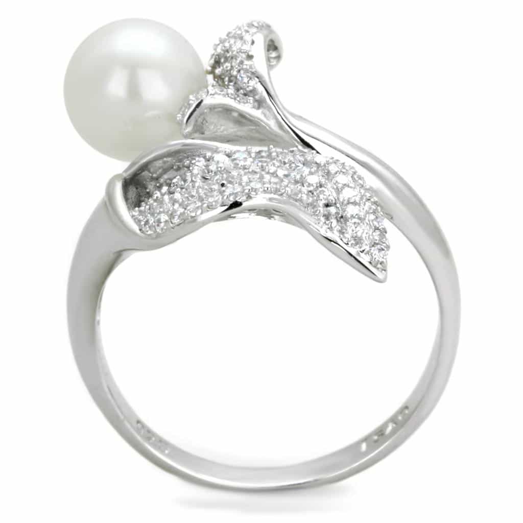 Sterling Silver Pearl CZ Pave Leaf Wrap Bypass Ring view 8