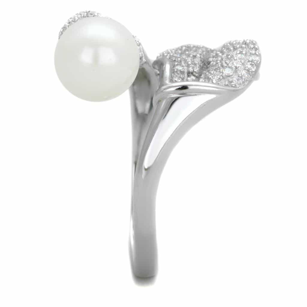 Sterling Silver Pearl CZ Pave Leaf Wrap Bypass Ring view 9