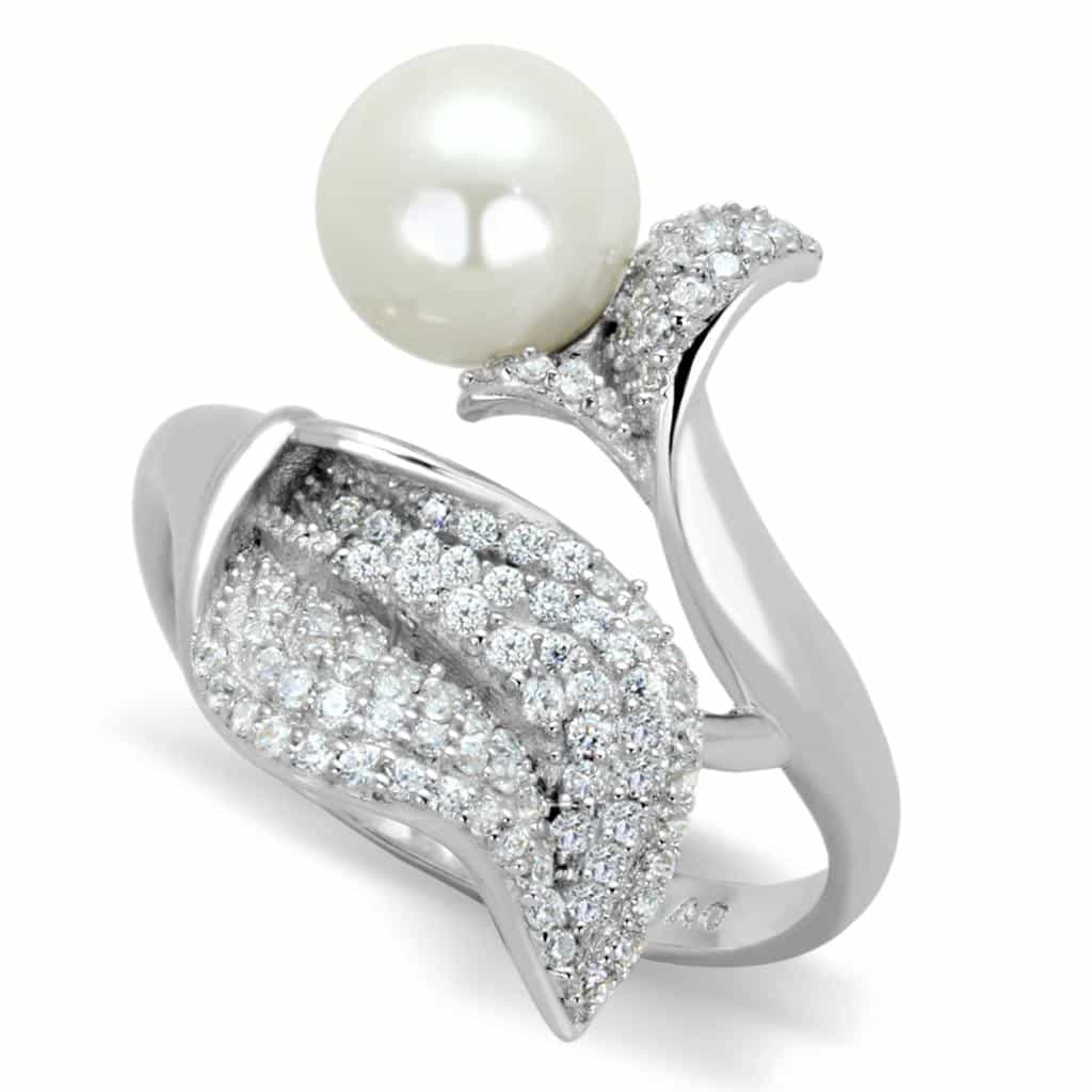 Sterling Silver Pearl CZ Pave Leaf Wrap Bypass Ring view 5