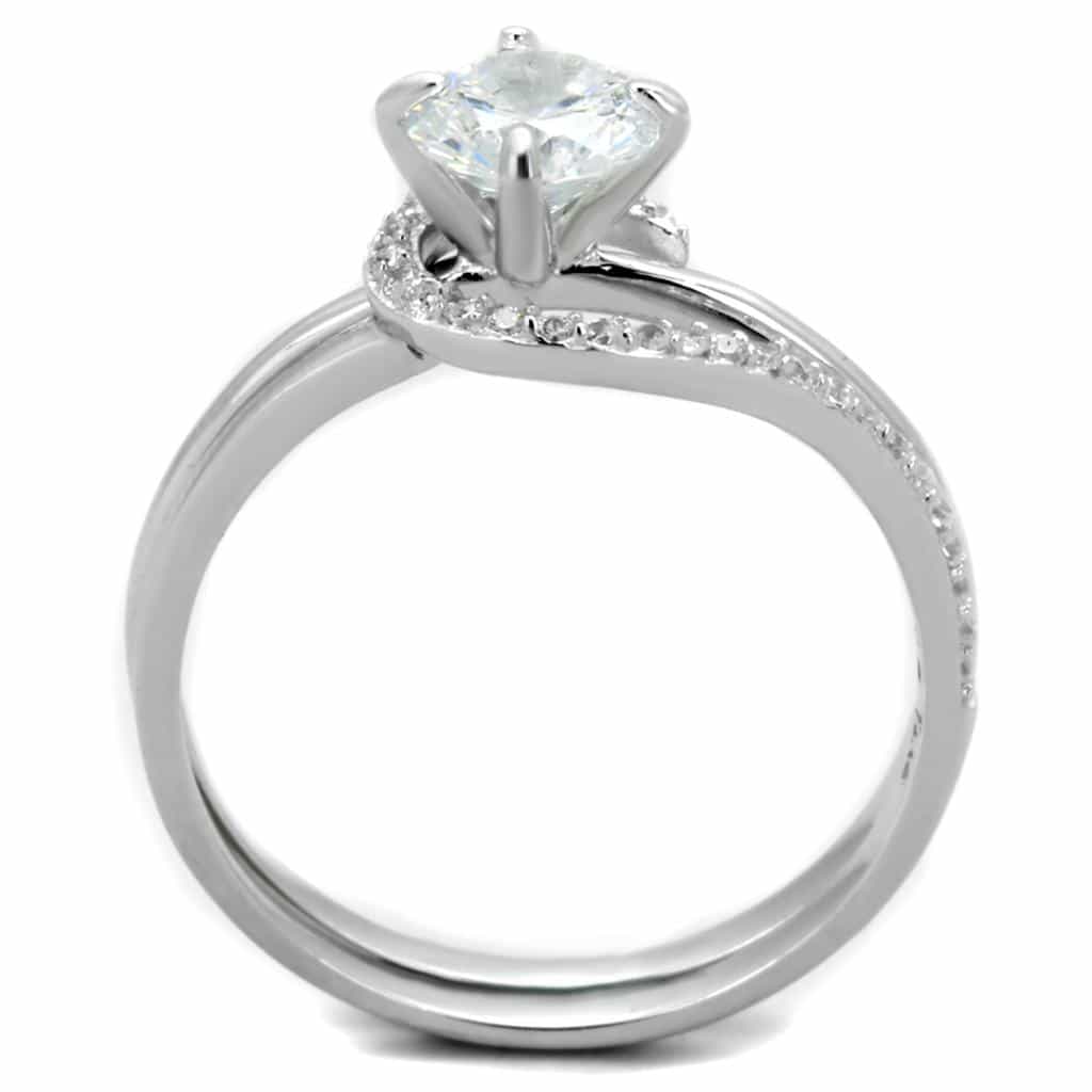 Sterling Silver CZ Round Solitaire Curved Pave Bridal Set Ring view 8
