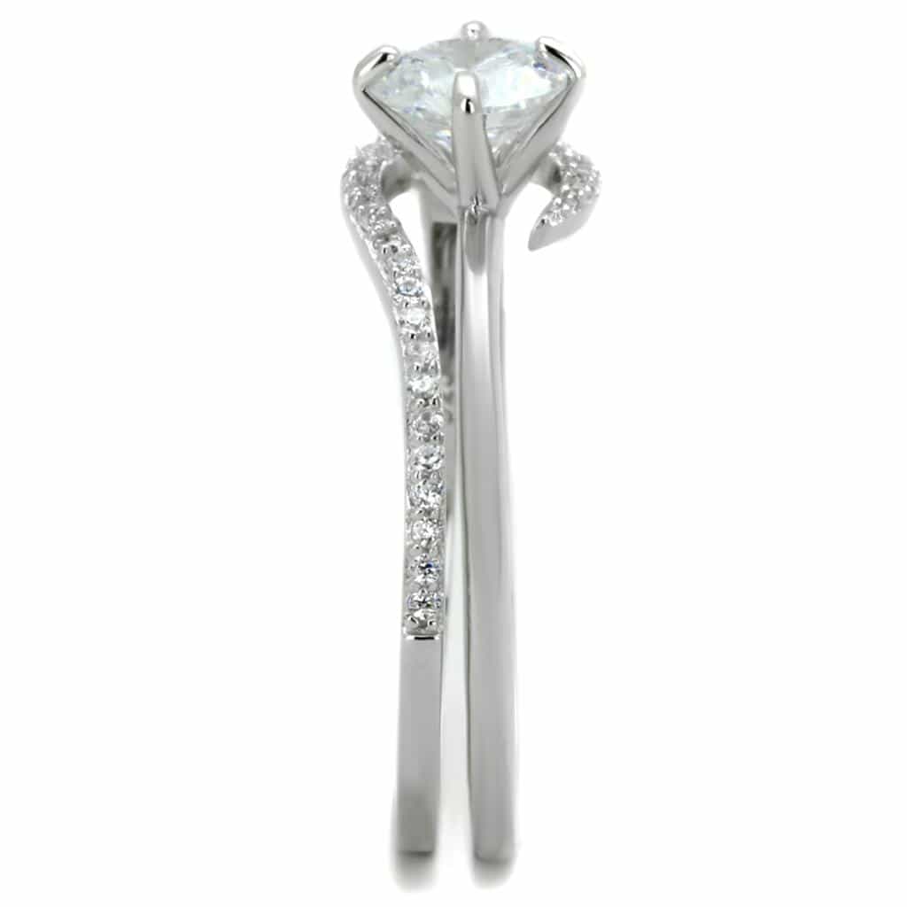 Sterling Silver CZ Round Solitaire Curved Pave Bridal Set Ring view 4