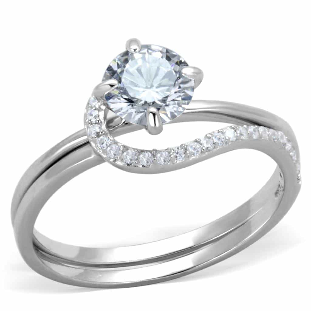Sterling Silver CZ Round Solitaire Curved Pave Bridal Set Ring view 5