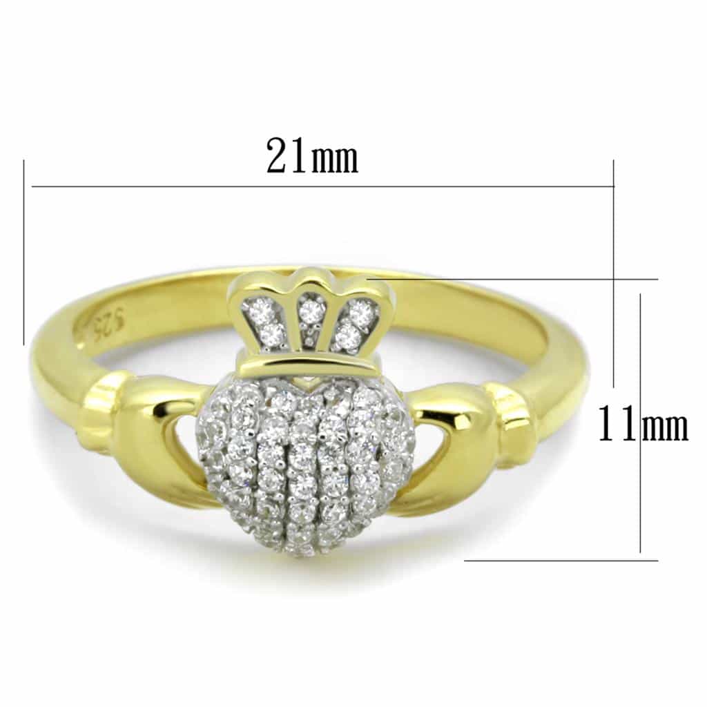Sterling Silver Gold Two Tone CZ Claddagh Crown Heart Ring view 2