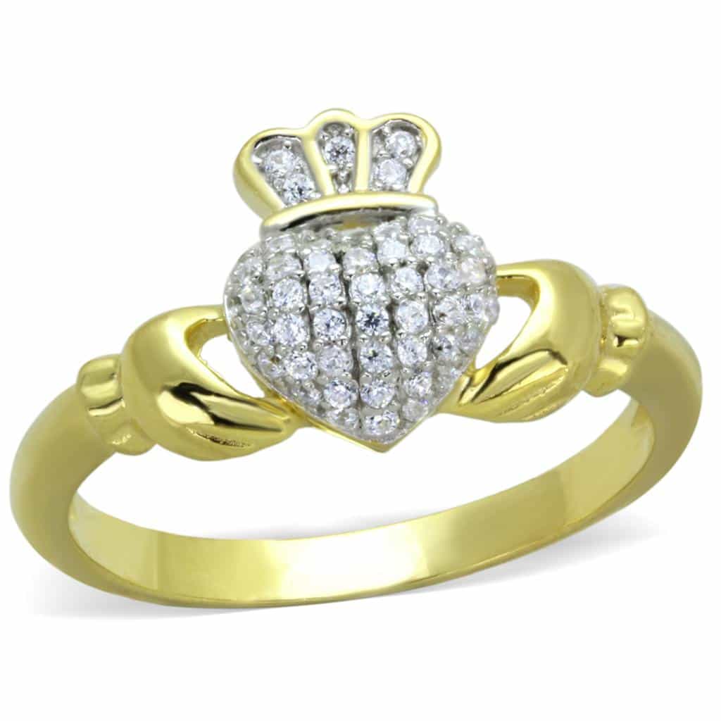 Sterling Silver Gold Two Tone CZ Claddagh Crown Heart Ring view 5