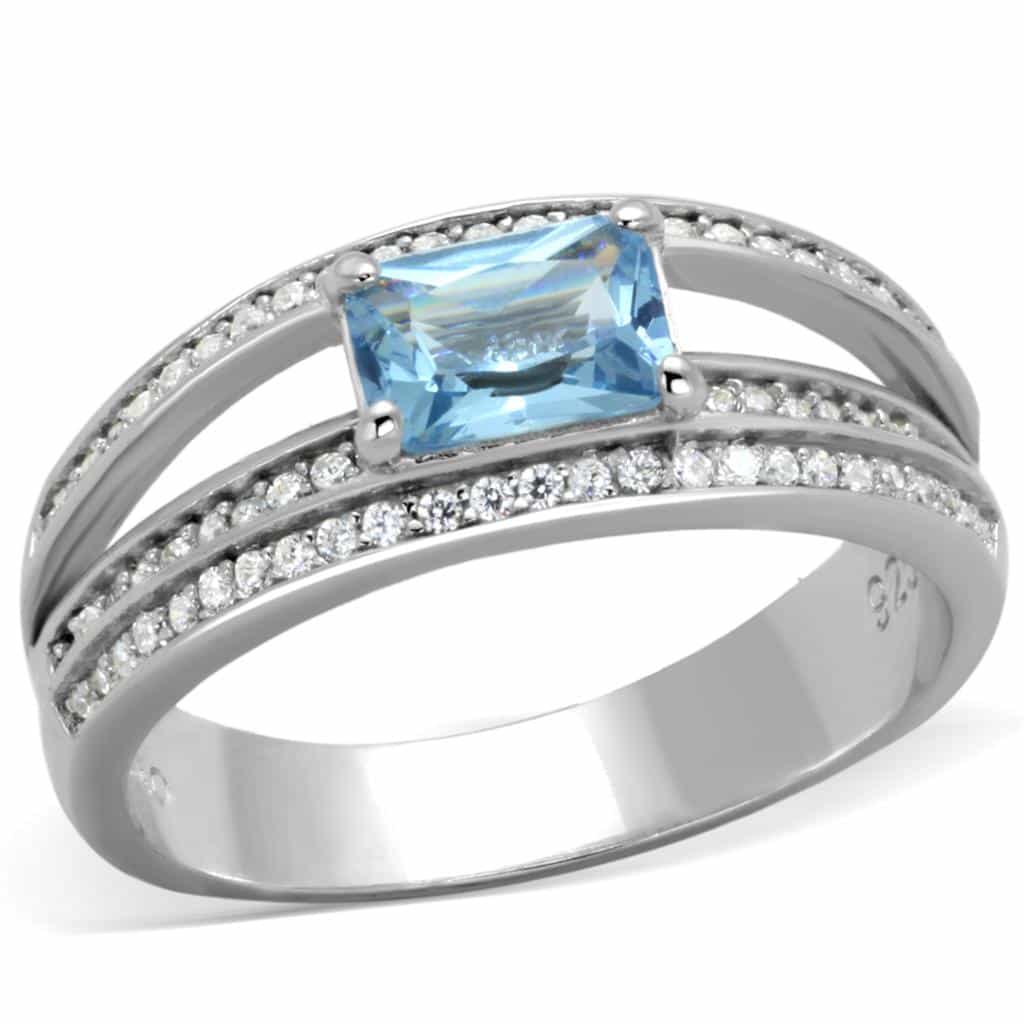 Sterling Silver Blue Topaz Princess Double Band Pave Bridal Ring view 10