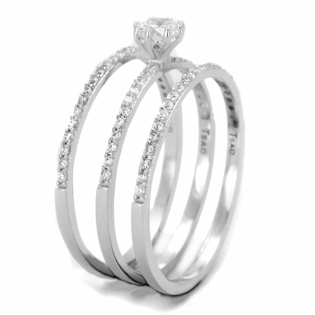 Sterling Silver CZ Round Solitaire Pave Double Band Bridal Ring view 9