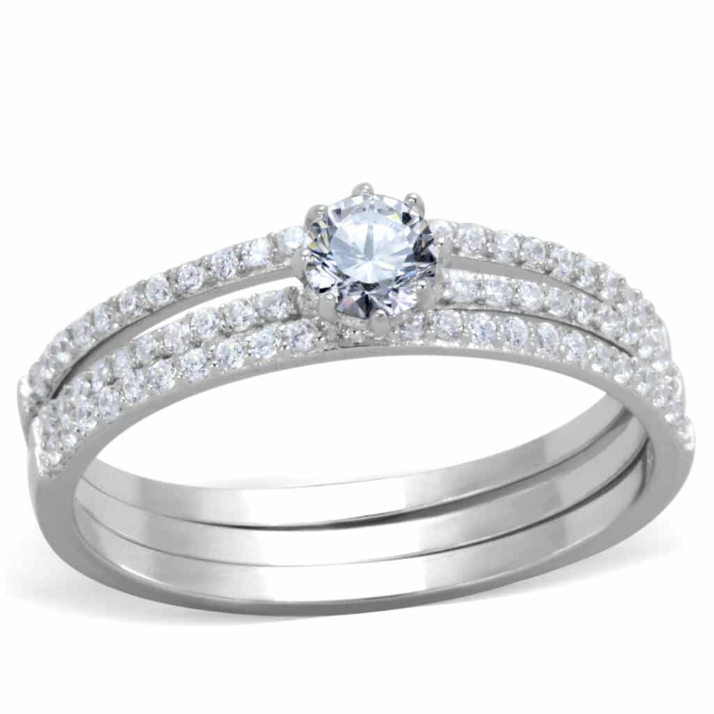 Sterling Silver CZ Round Solitaire Pave Double Band Bridal Ring view 5