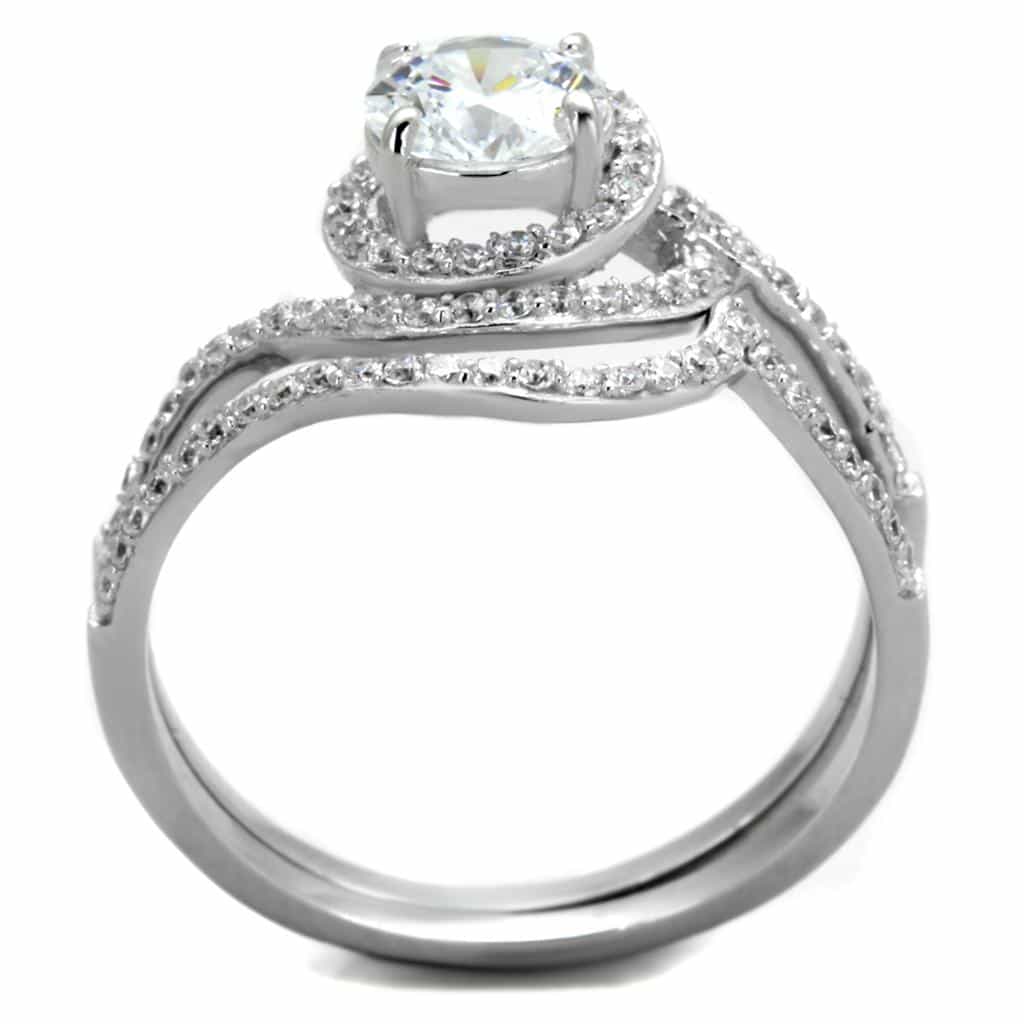 Sterling Silver CZ Round Halo Swirl Bypass Bridal Set Ring view 8