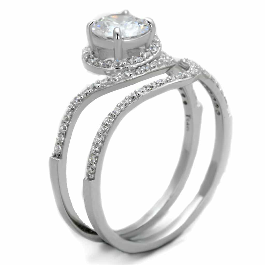 Sterling Silver CZ Round Halo Swirl Bypass Bridal Set Ring view 9