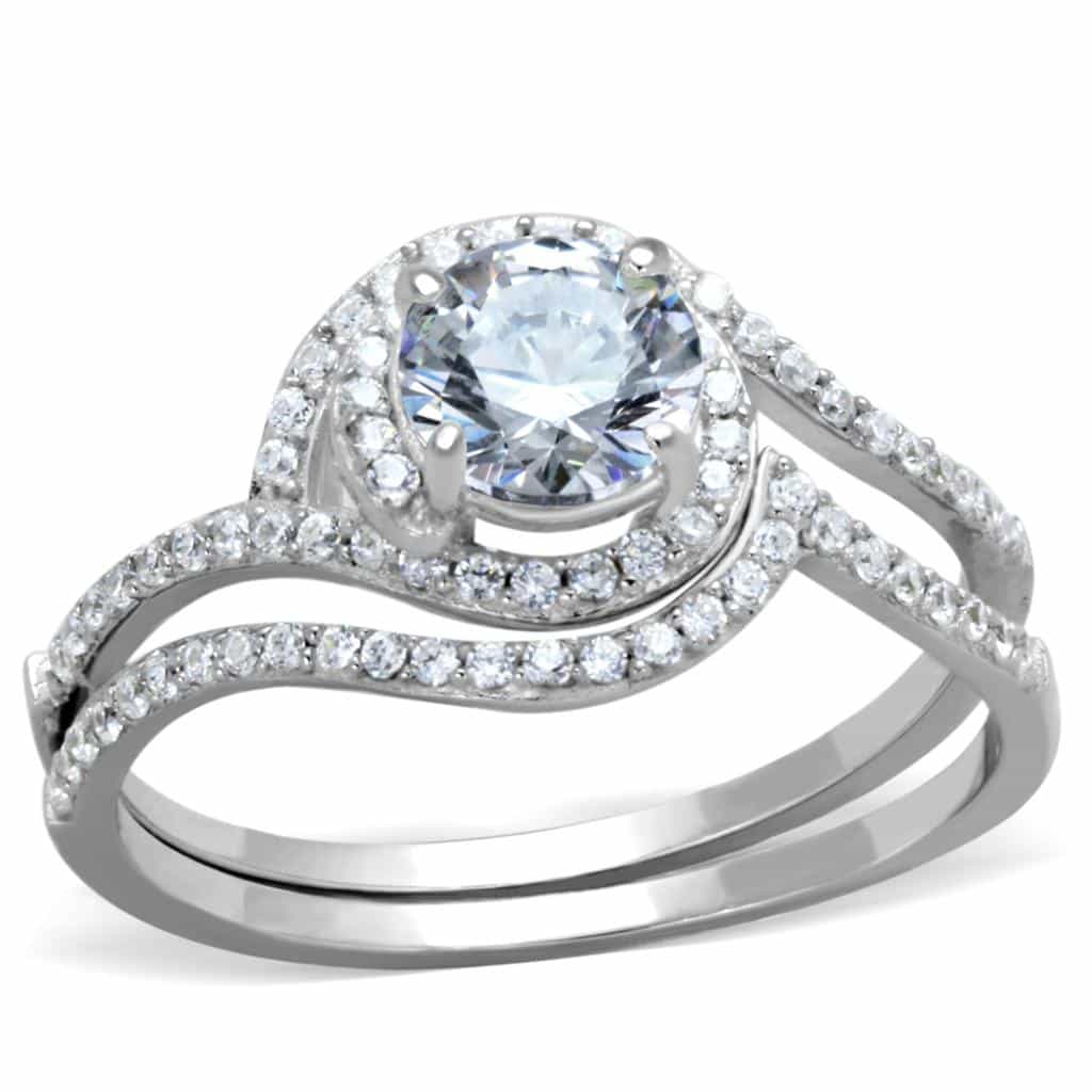 Sterling Silver CZ Round Halo Swirl Bypass Bridal Set Ring view 10
