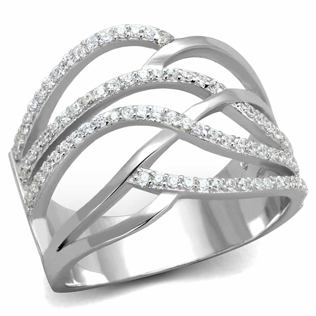Sterling Silver CZ Pave Woven X Crossover Hammered Wide Ring view 5