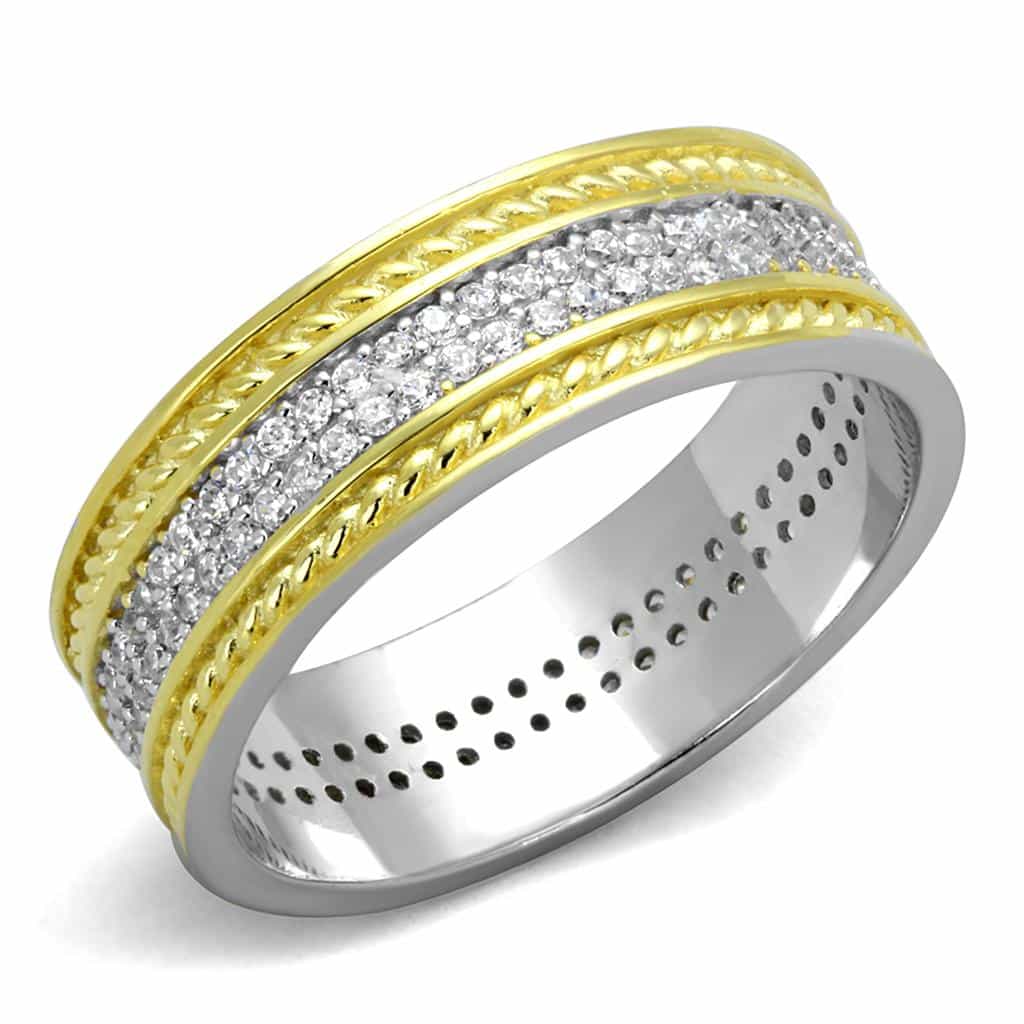 Sterling Silver Gold Two Tone CZ Pave Rope Edge Eternity Ring view 10