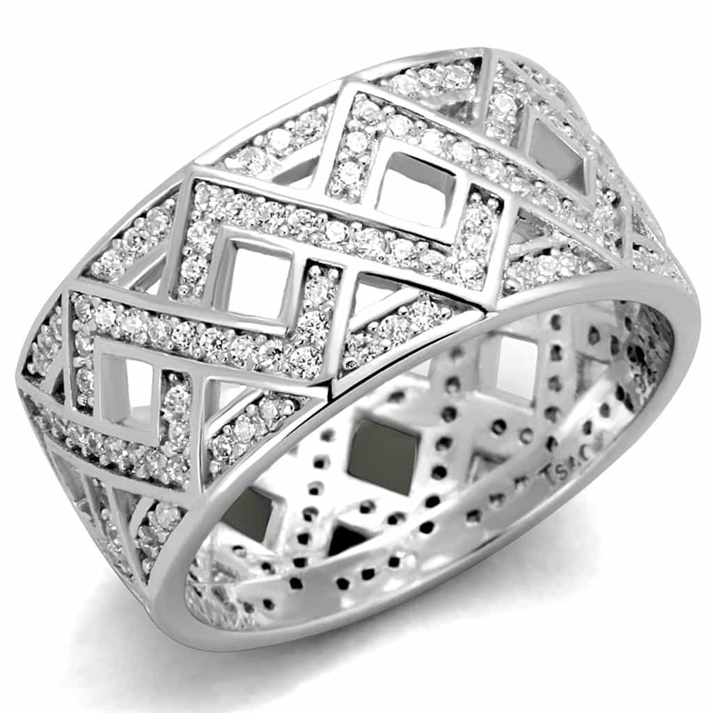 Sterling Silver CZ Pave Diamond Lattice X Wide Ring view 10
