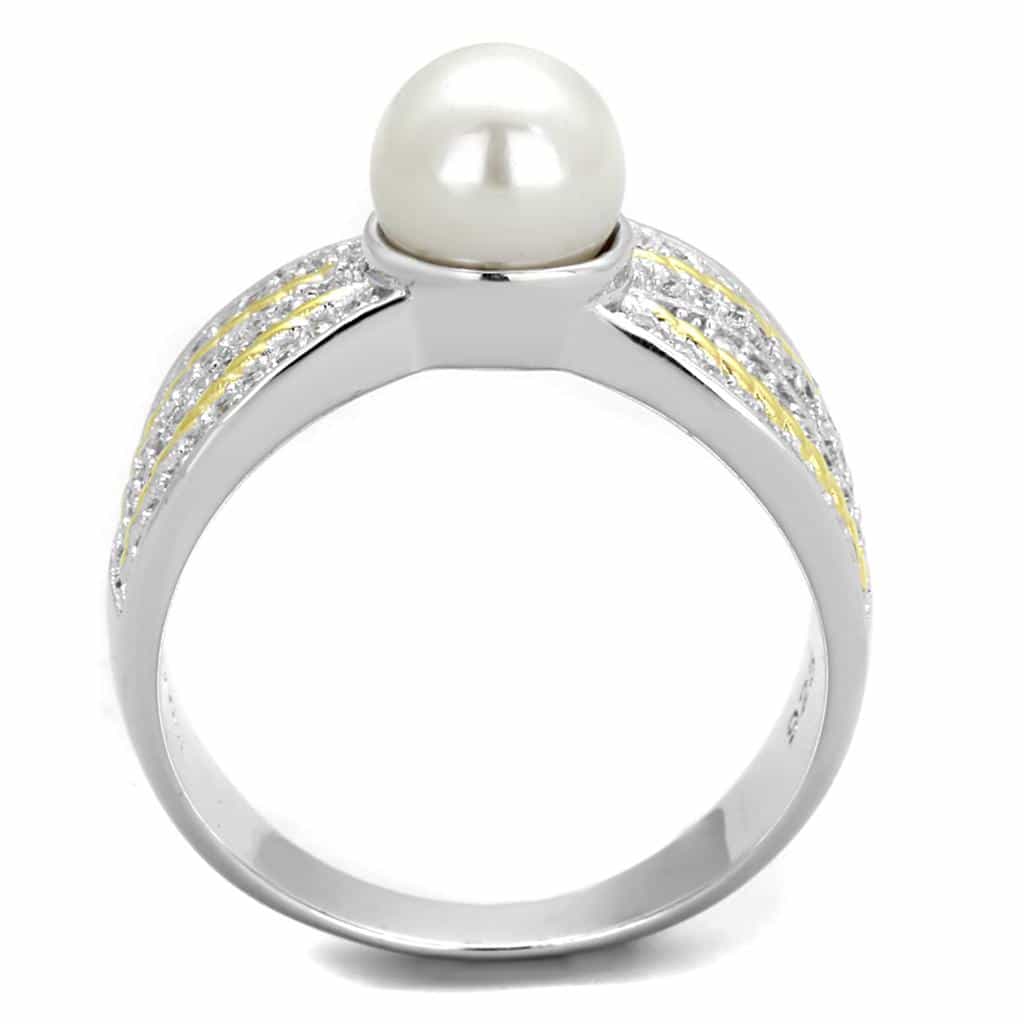 Sterling Silver Gold Two Tone Pearl CZ Pave X Row Ring view 8