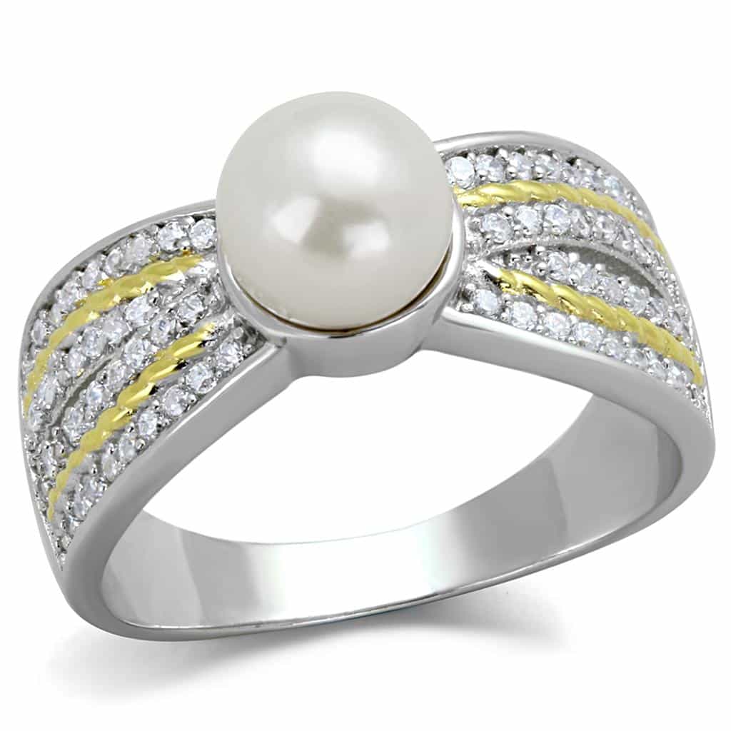 Sterling Silver Gold Two Tone Pearl CZ Pave X Row Ring view 10