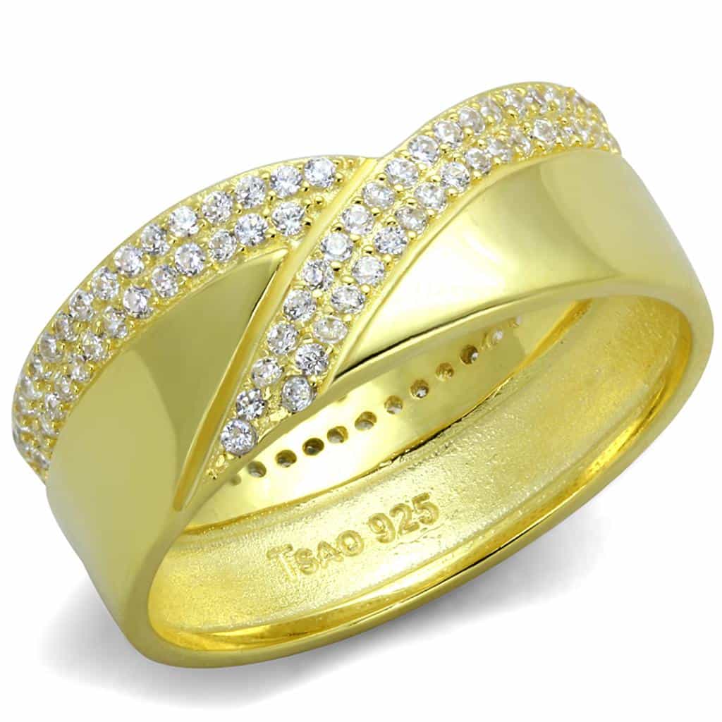 Sterling Silver Gold Two Tone CZ Pave Crossover Wide Band Ring view 10