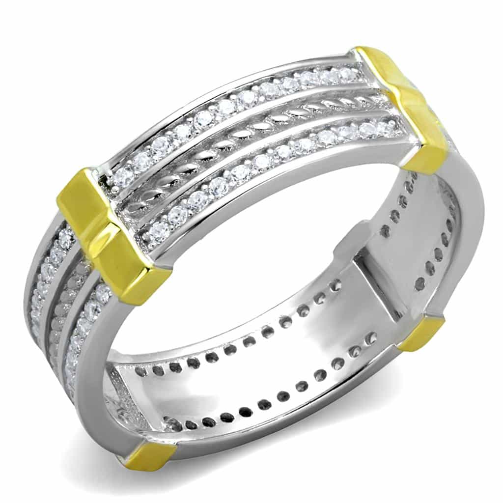Sterling Silver Gold Two Tone CZ Triple Row Channel Wide Ring view 5