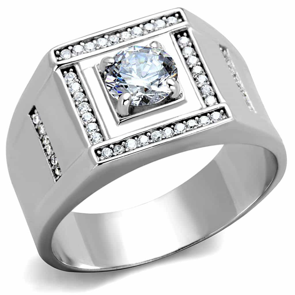 Sterling Silver CZ Round Square Bezel Halo Brick Signet Ring view 10