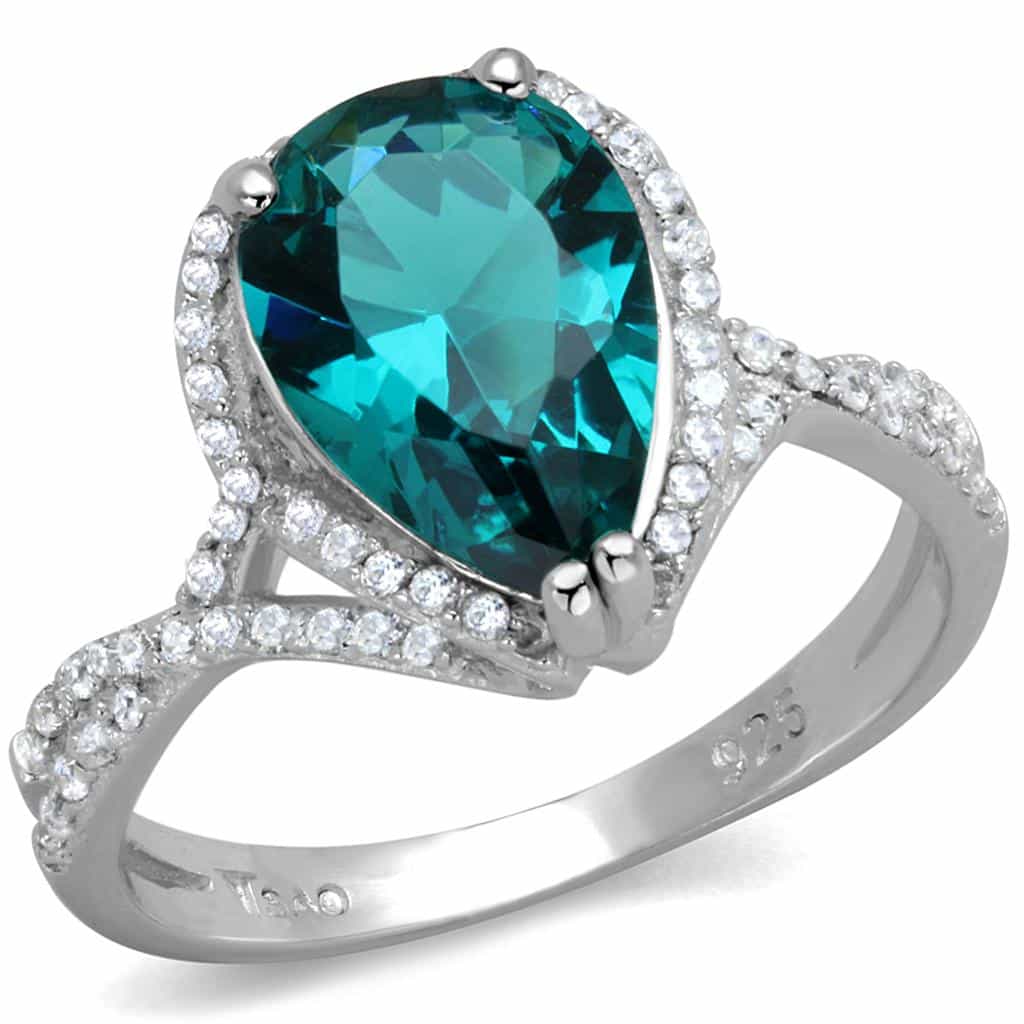 Sterling Silver Green Emerald Pear Halo Split Shank Ring view 10
