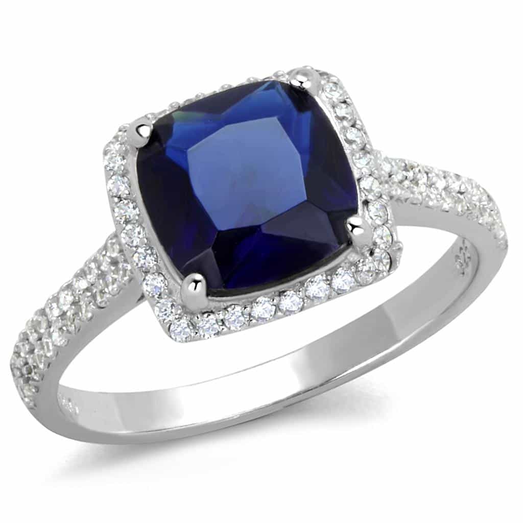Sterling Silver Blue Sapphire Cushion Large Halo Pave Ring view 10