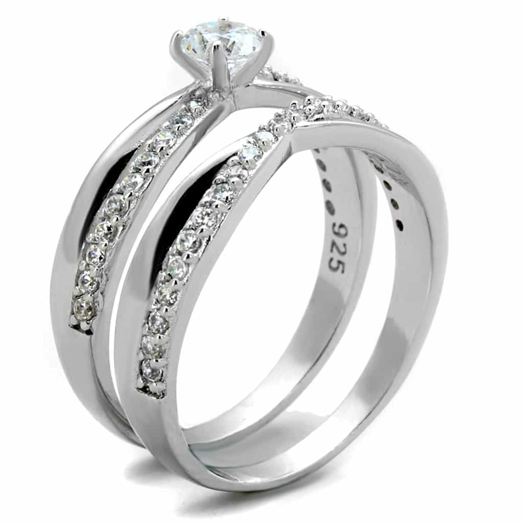 Sterling Silver CZ Round Solitaire Twisted Pave Bridal Set Ring view 4