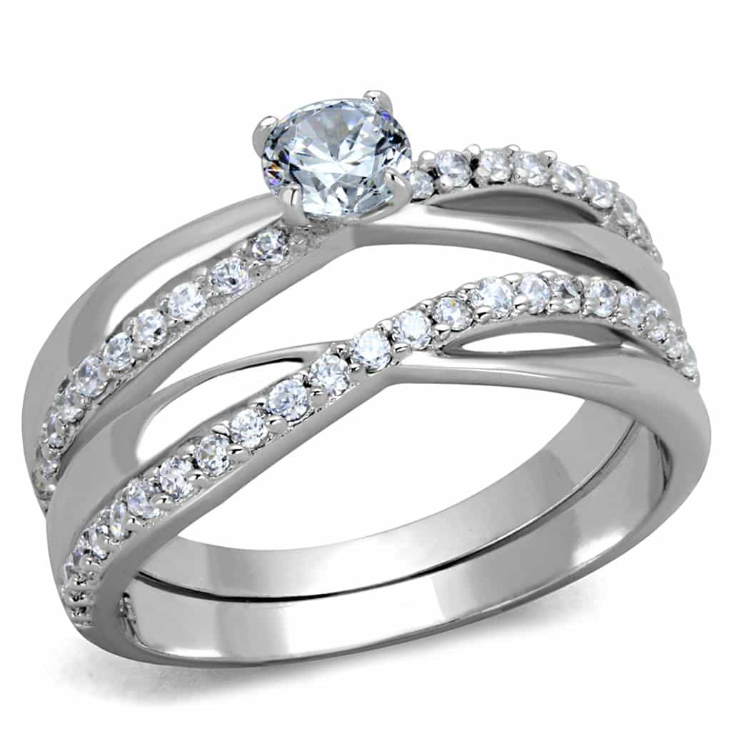Sterling Silver CZ Round Solitaire Twisted Pave Bridal Set Ring view 5