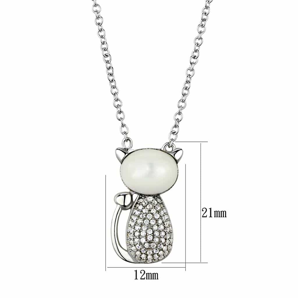 Sterling Silver Pearl CZ Pave Cat Pendant | The Stainless Jewelry view 2