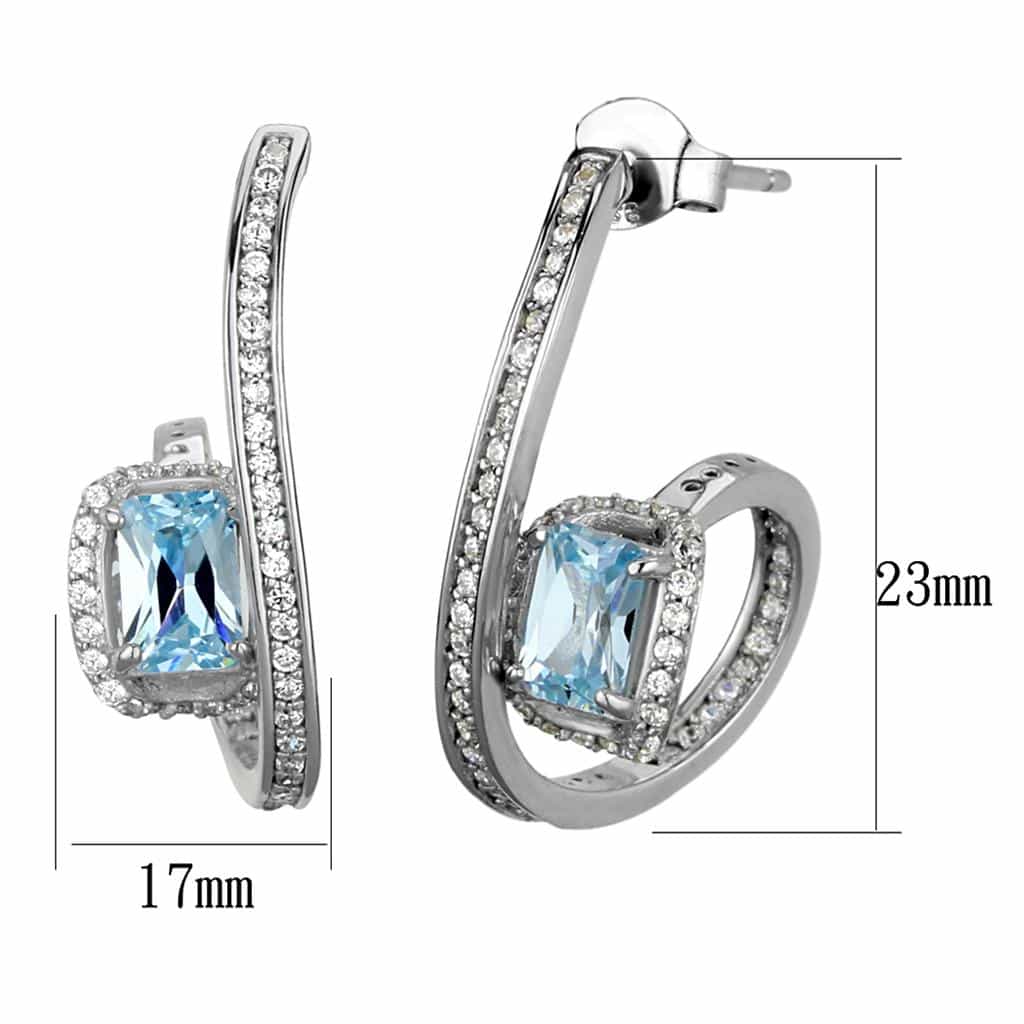 Sterling Silver Aqua CZ Emerald Cut Halo Leverback Earrings view 2