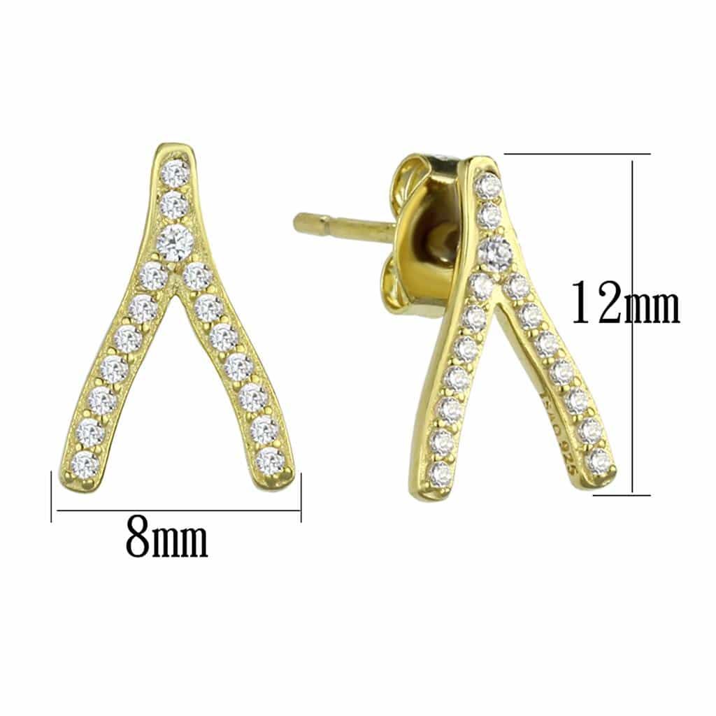 Sterling Silver Gold Two Tone CZ Wishbone V Stud Earrings view 2