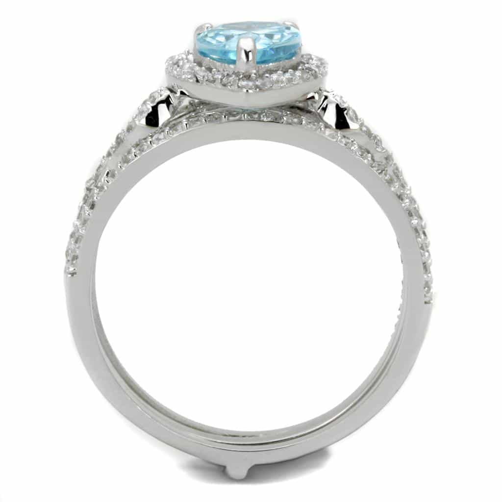 Sterling Silver Aqua CZ Oval Halo Split Shank Pave Bridal Ring view 3