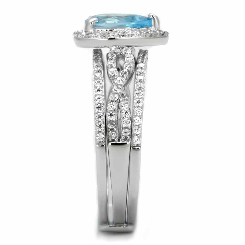 Sterling Silver Aqua CZ Oval Halo Split Shank Pave Bridal Ring view 10