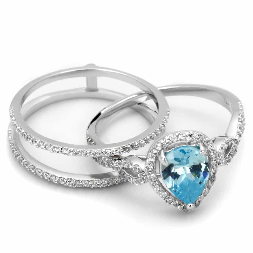 Sterling Silver Aqua CZ Oval Halo Split Shank Pave Bridal Ring view 5