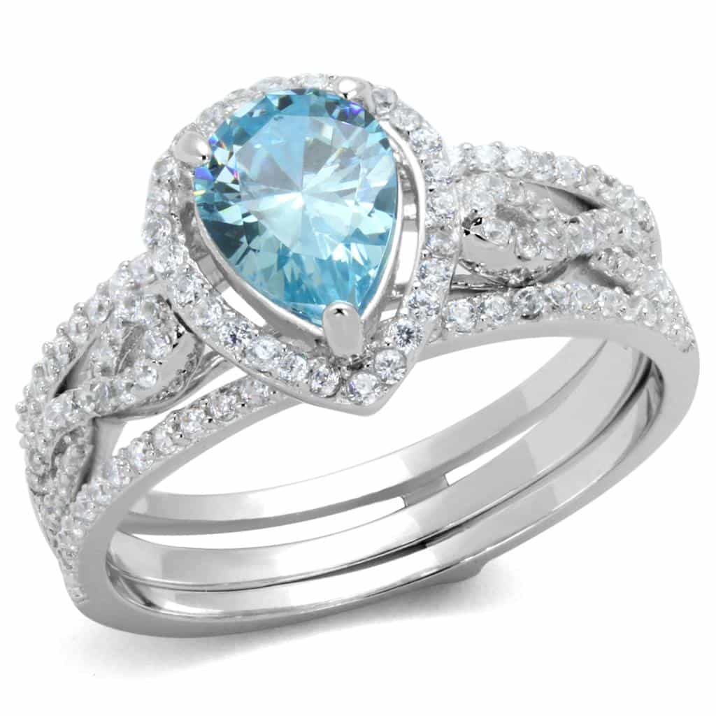 Sterling Silver Aqua CZ Oval Halo Split Shank Pave Bridal Ring view 6