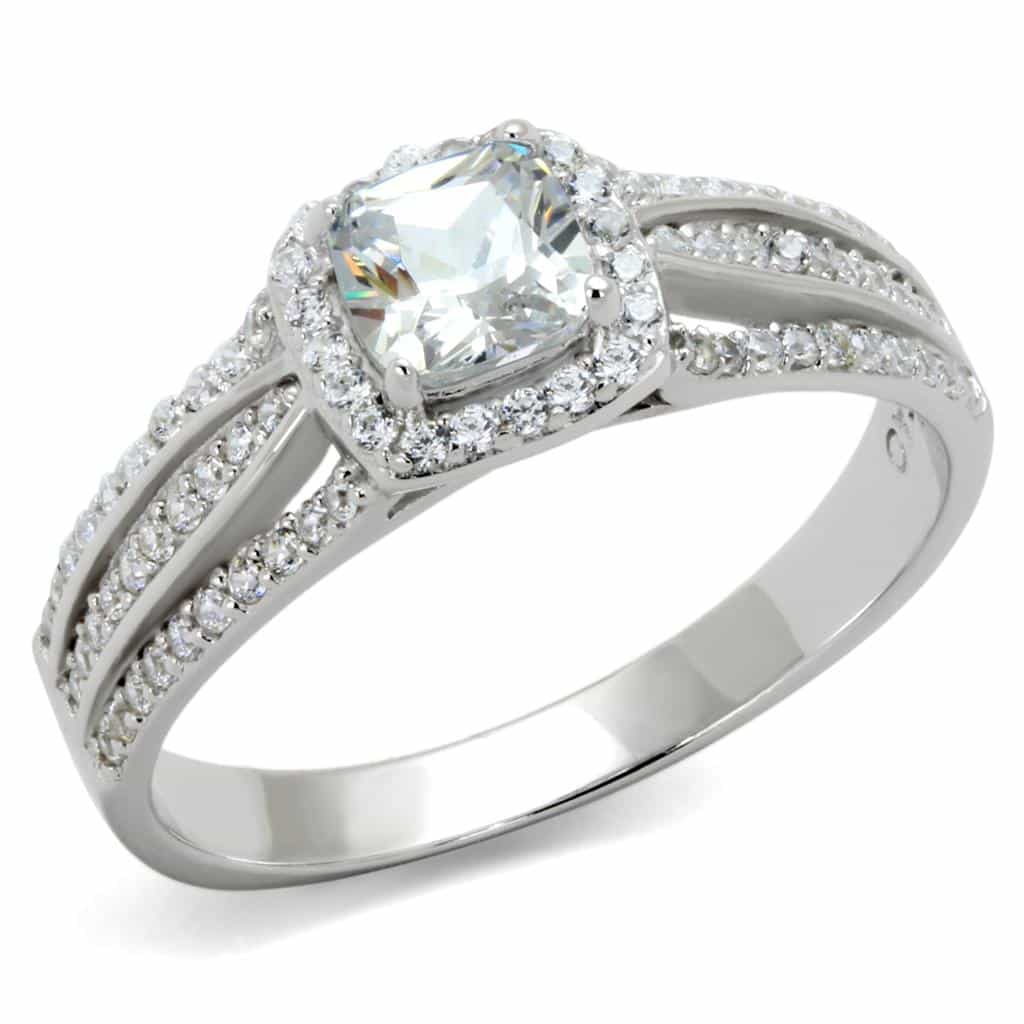 Sterling Silver CZ Cushion Halo Double Row Pave Ring view 5