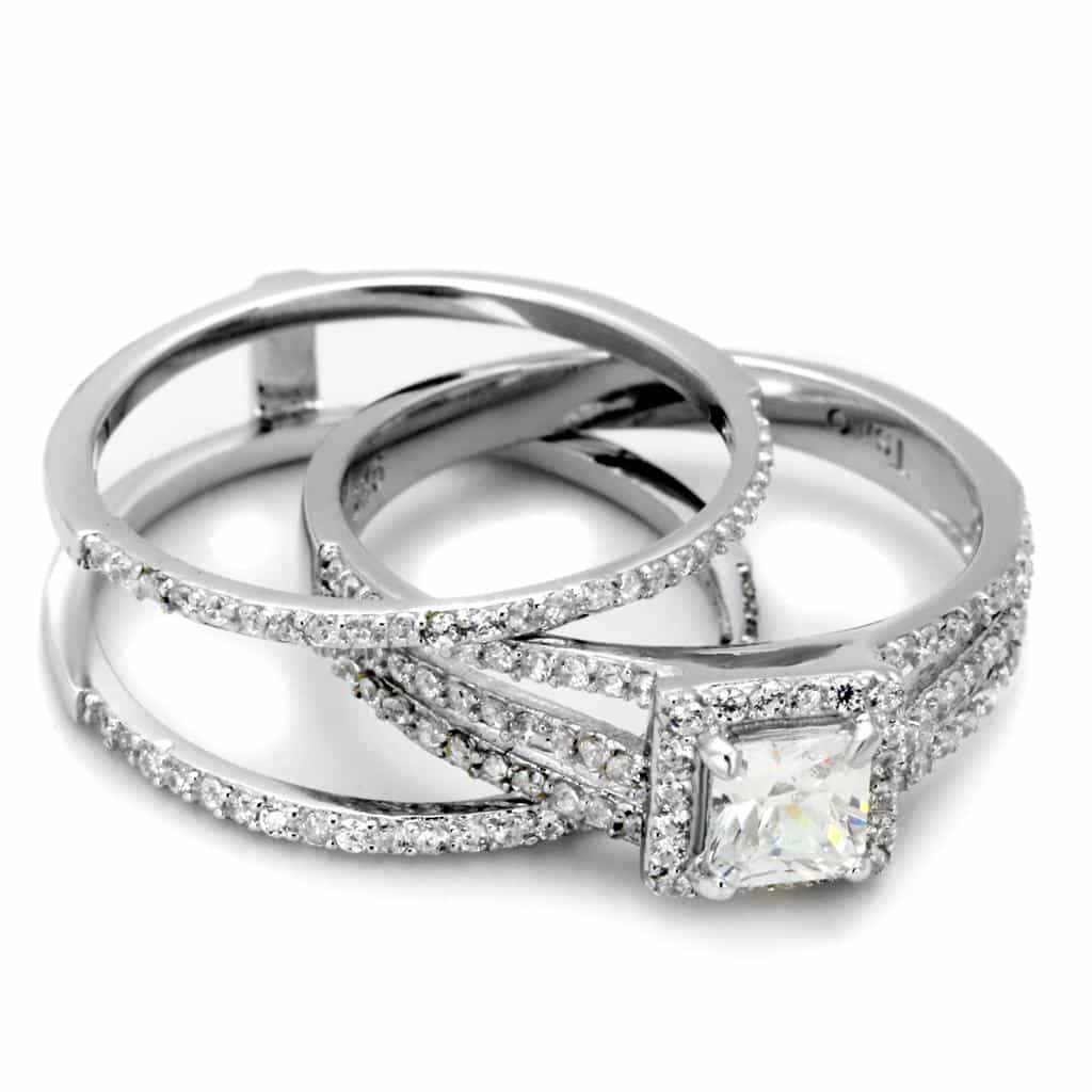 Sterling Silver CZ Princess Halo Channel Double Row Pave Ring view 11