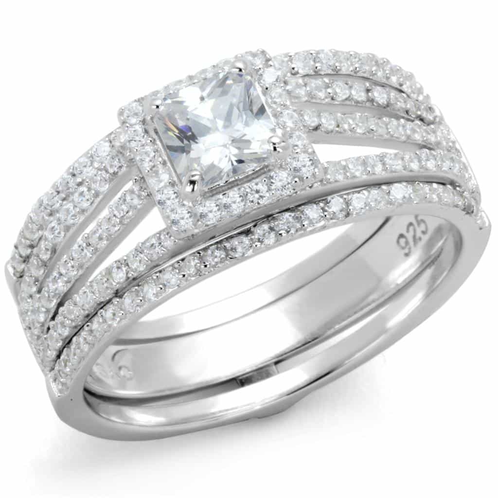 Sterling Silver CZ Princess Halo Channel Double Row Pave Ring view 12