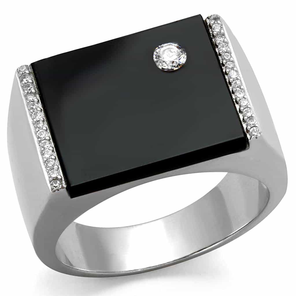 Sterling Silver Black Onyx CZ Round Solitaire Flat Signet Ring view 10