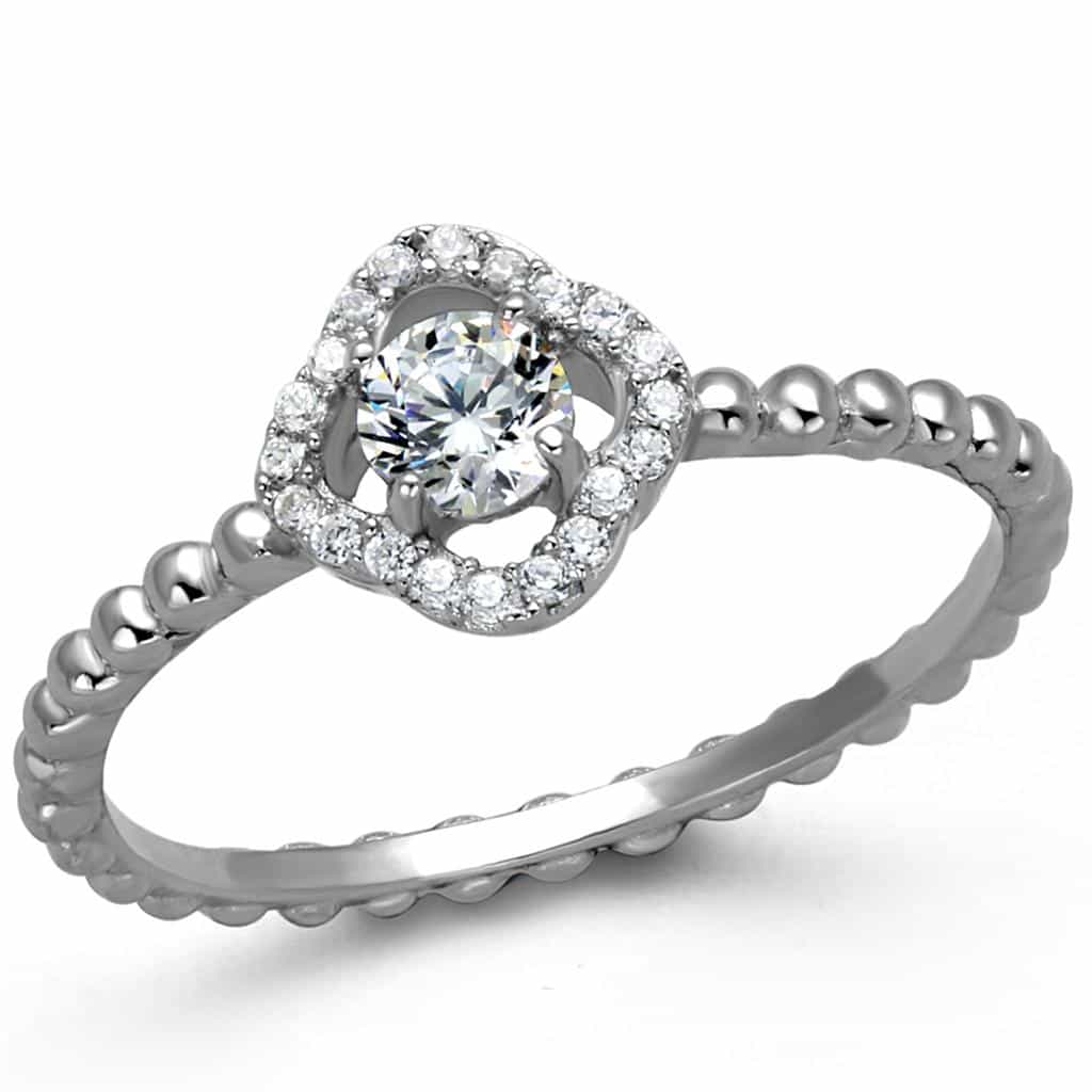 Sterling Silver CZ Round Beaded Halo Pave Thin Ring view 10