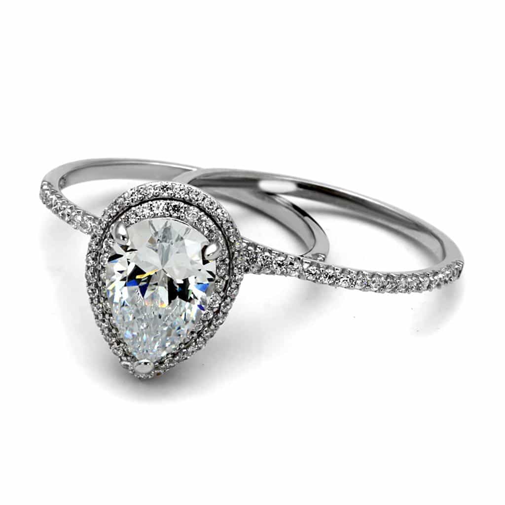 Sterling Silver CZ Pear Halo Pave Bridal Set Ring view 7