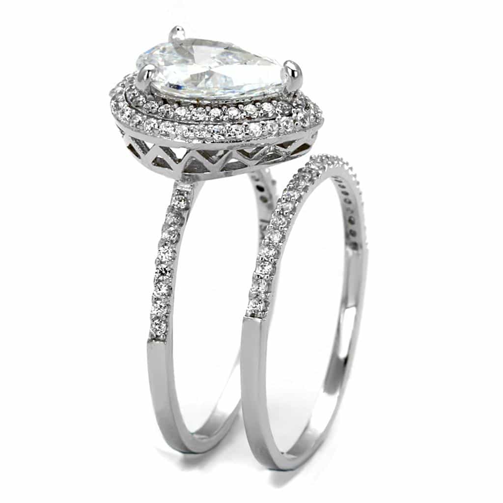 Sterling Silver CZ Pear Halo Pave Bridal Set Ring view 9