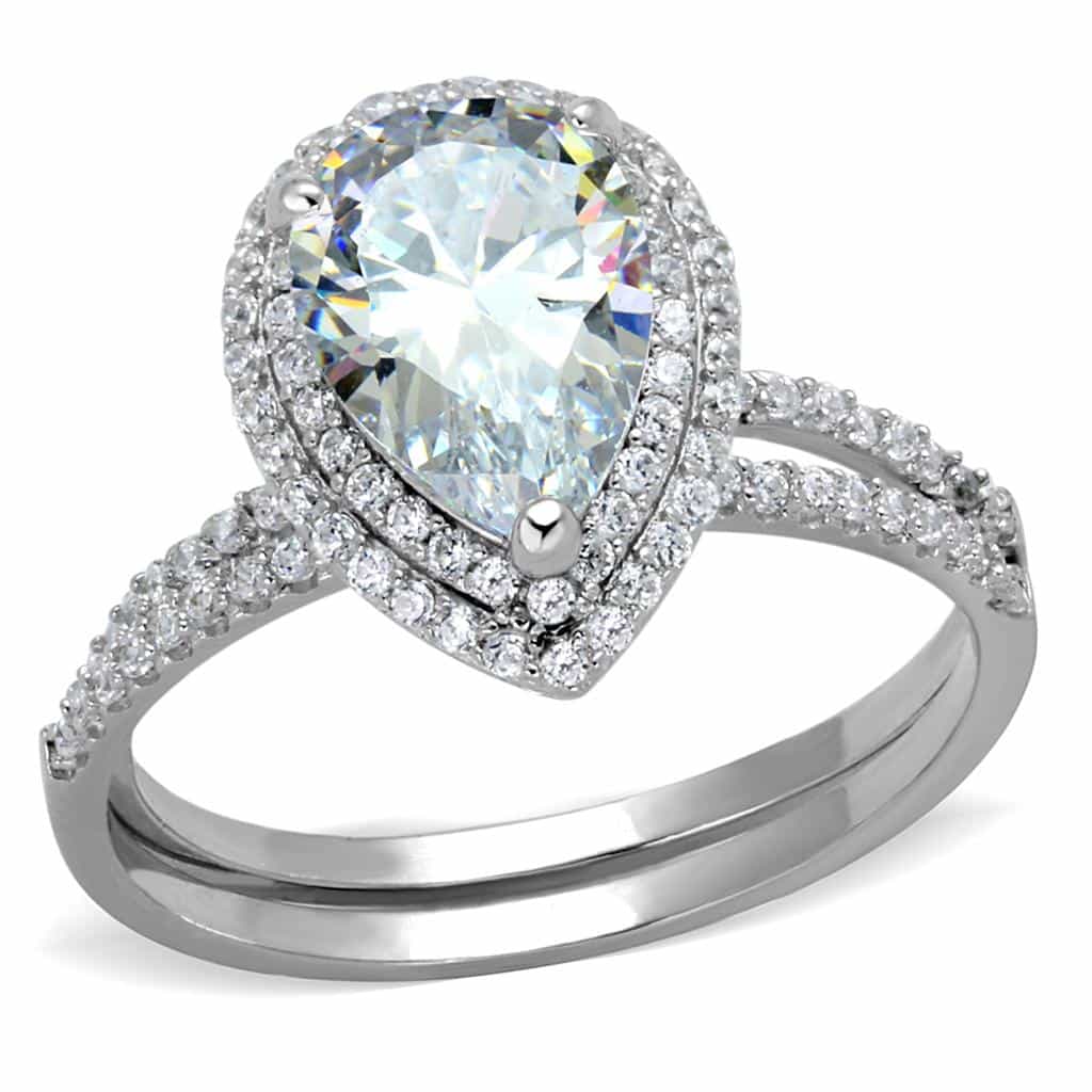 Sterling Silver CZ Pear Halo Pave Bridal Set Ring view 5