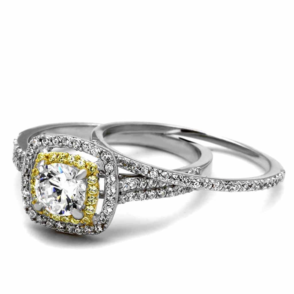 Sterling Silver Gold Two Tone CZ Cushion Halo Pave Bridal Ring view 2