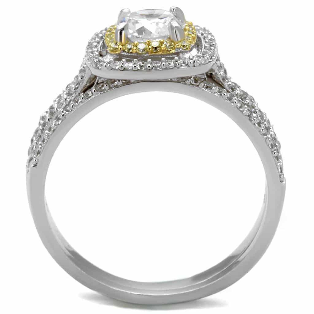 Sterling Silver Gold Two Tone CZ Cushion Halo Pave Bridal Ring view 3