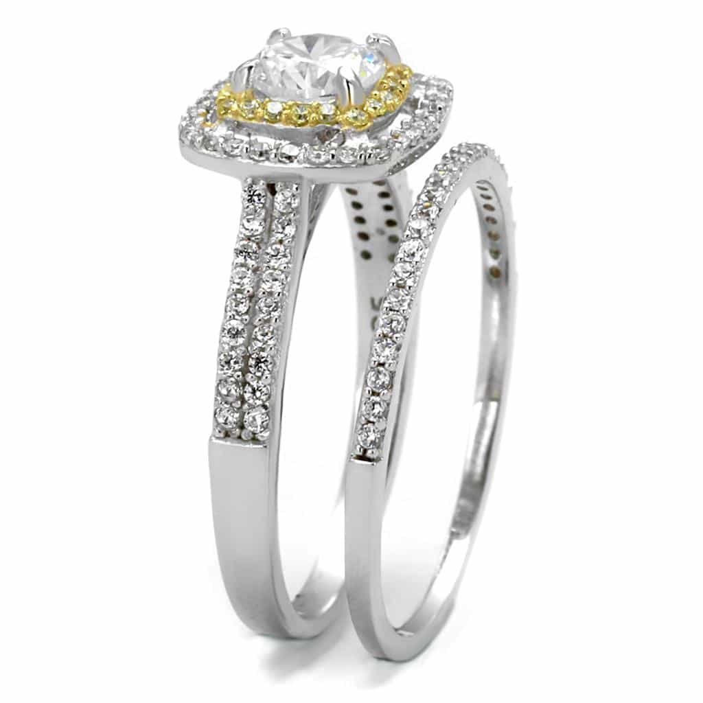 Sterling Silver Gold Two Tone CZ Cushion Halo Pave Bridal Ring view 4