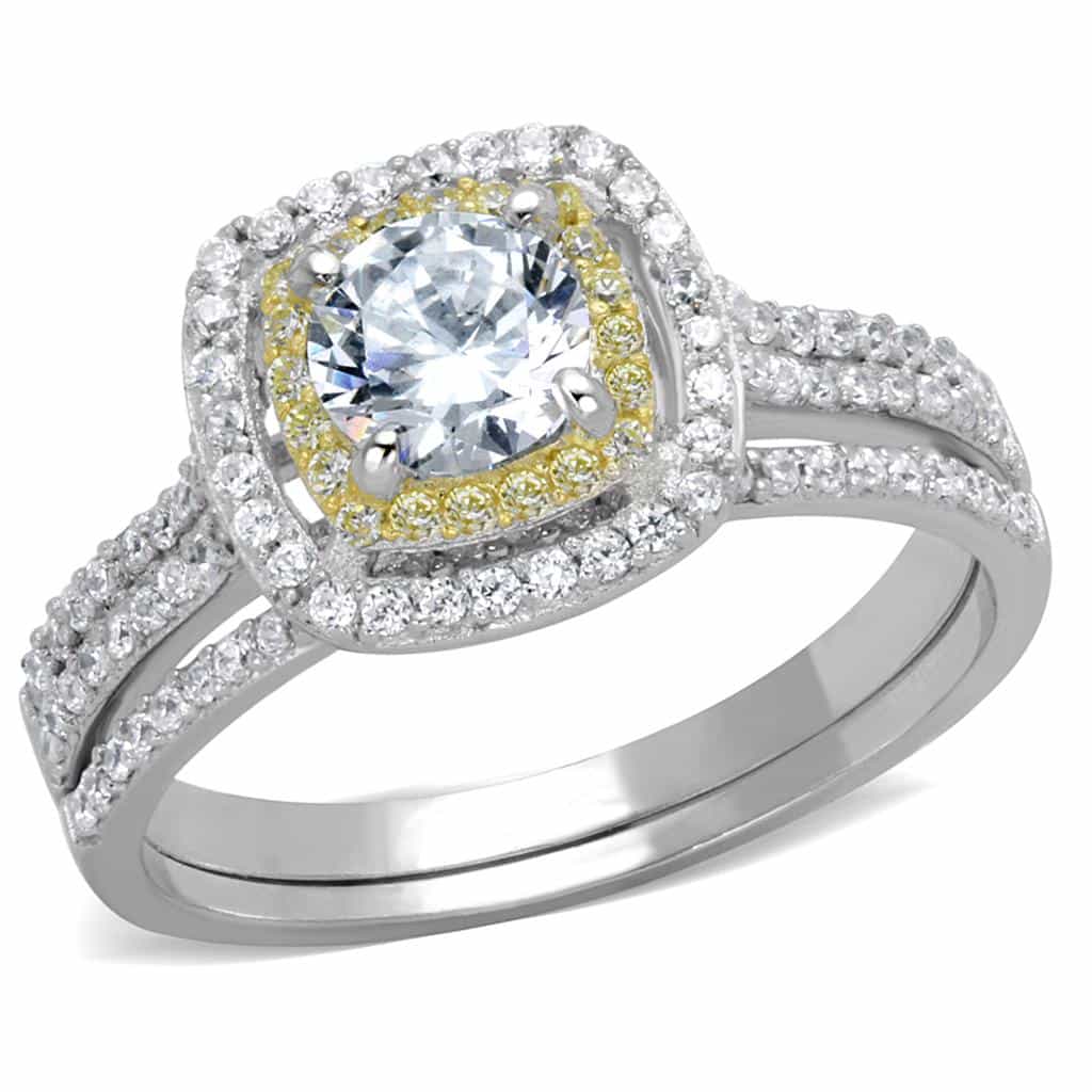 Sterling Silver Gold Two Tone CZ Cushion Halo Pave Bridal Ring view 10