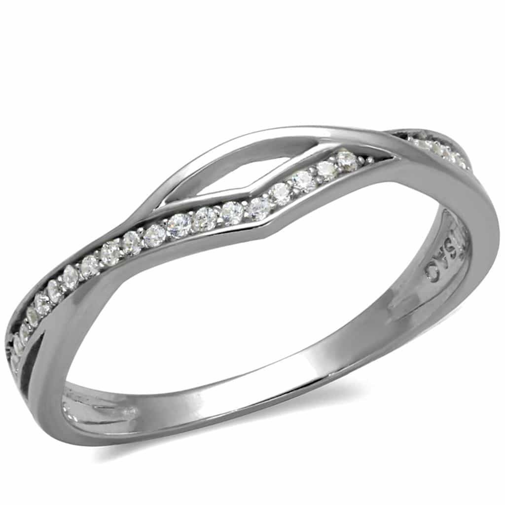 Sterling Silver CZ Pave Twisted Crossover Thin Band Ring view 10