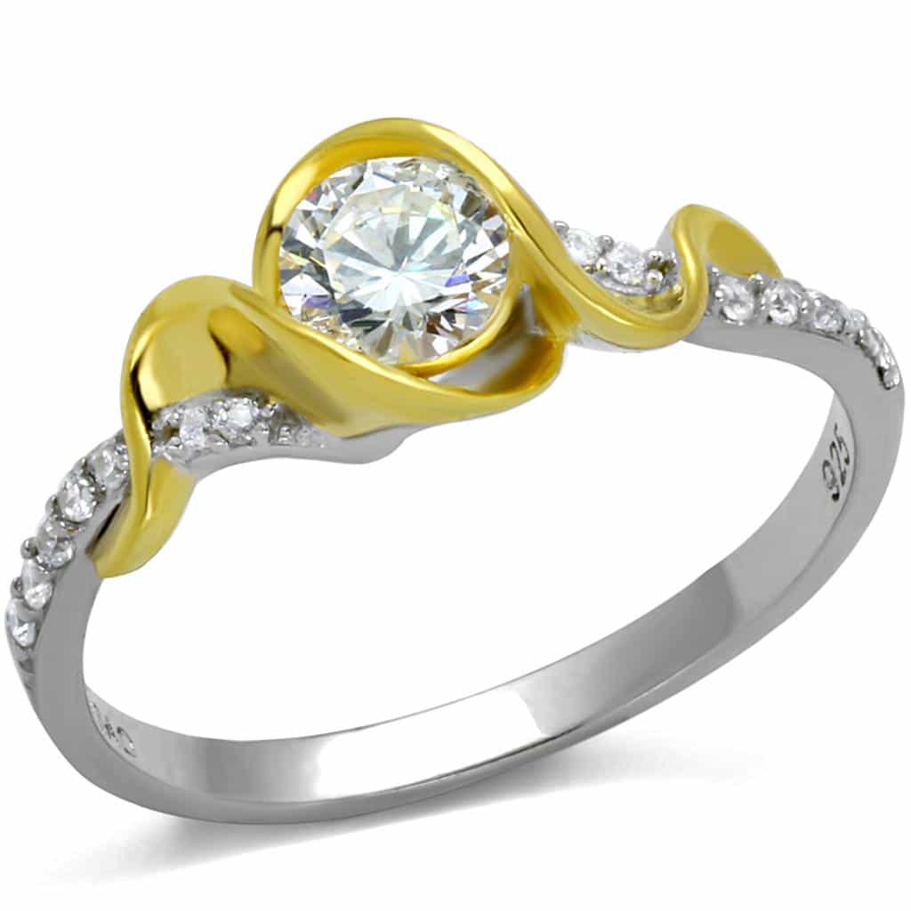 Sterling Silver Gold Two Tone CZ Round Wave Bypass Pave Ring view 10