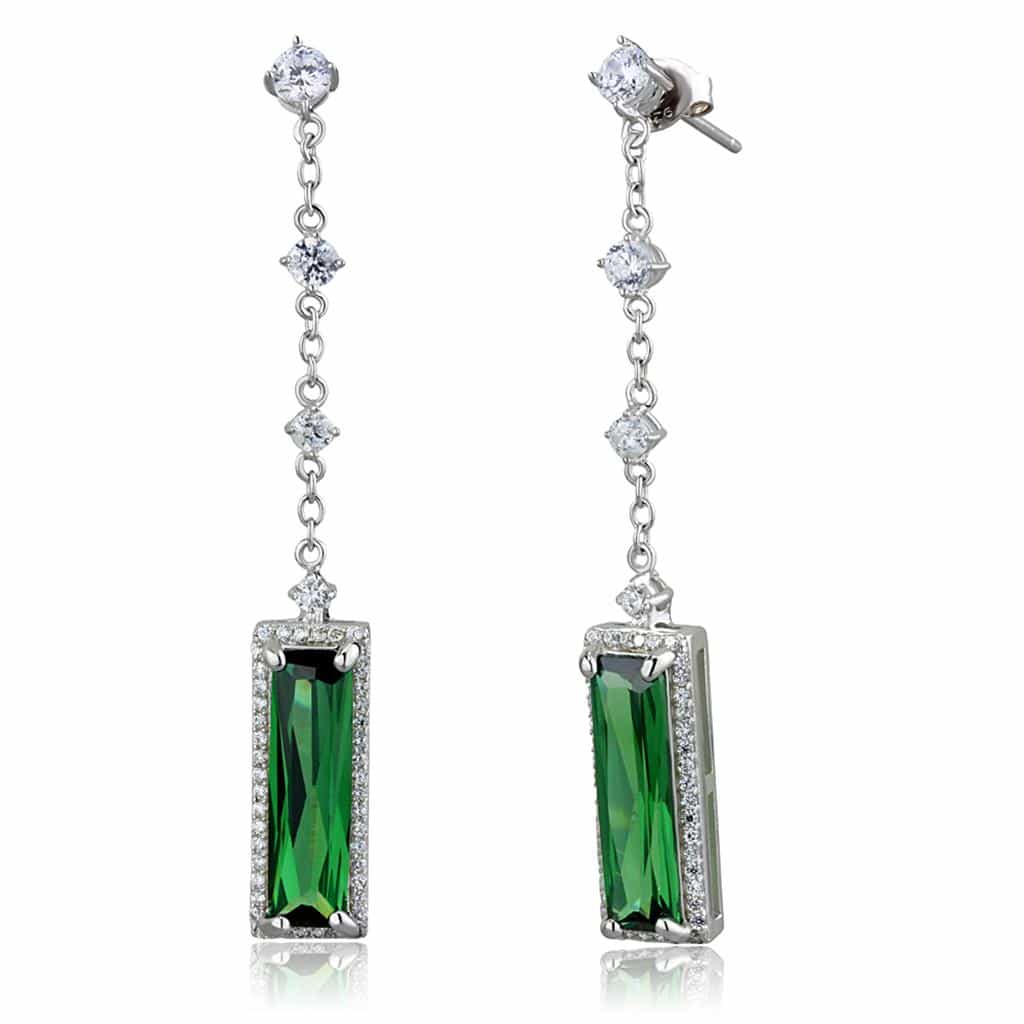 Sterling Silver Green Emerald CZ Baguette Long Dangle Earrings view 3
